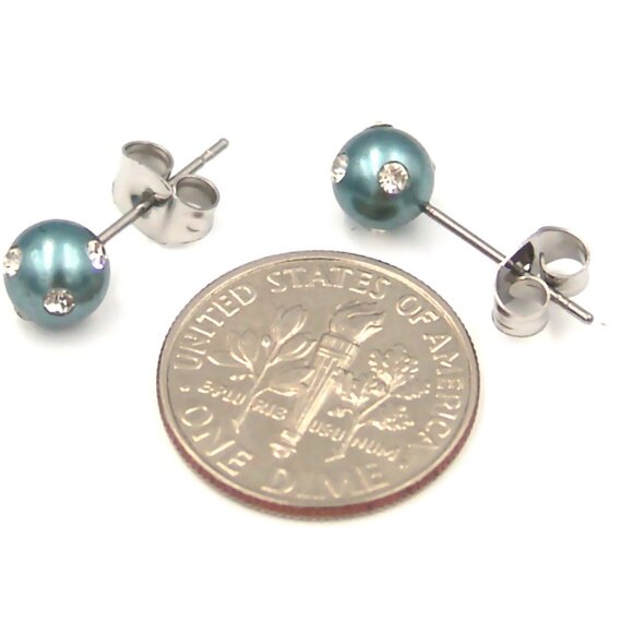 Tahitian Pearl Stud Earrings Faux 6 mm Surgical Steel Hypoallergenic CZ - Picture 4 of 4